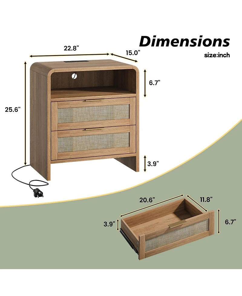 Streamdale Furniture Rattan Nightstand with Charging Station, 2 Drawers, 22.8" Wide Bedside Table