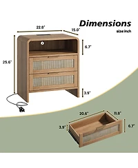 Streamdale Furniture Rattan Nightstand with Charging Station, 2 Drawers, 22.8" Wide Bedside Table