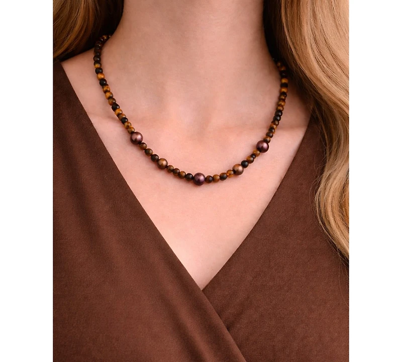 Macy's Tiger Eye (4mm) and Chocolate Freshwater Pearl (7-8mm) Necklace in Sterling Silver