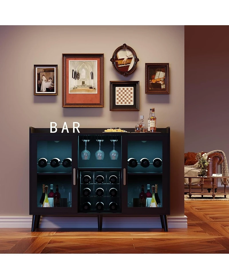 gaomon Modern Wine Bar Cabinet with Led Light Wood Kitchen Coffee Bar Home Liquor Cabinets with Glass Holder Doors and Wine Racks Buffet Sideboard