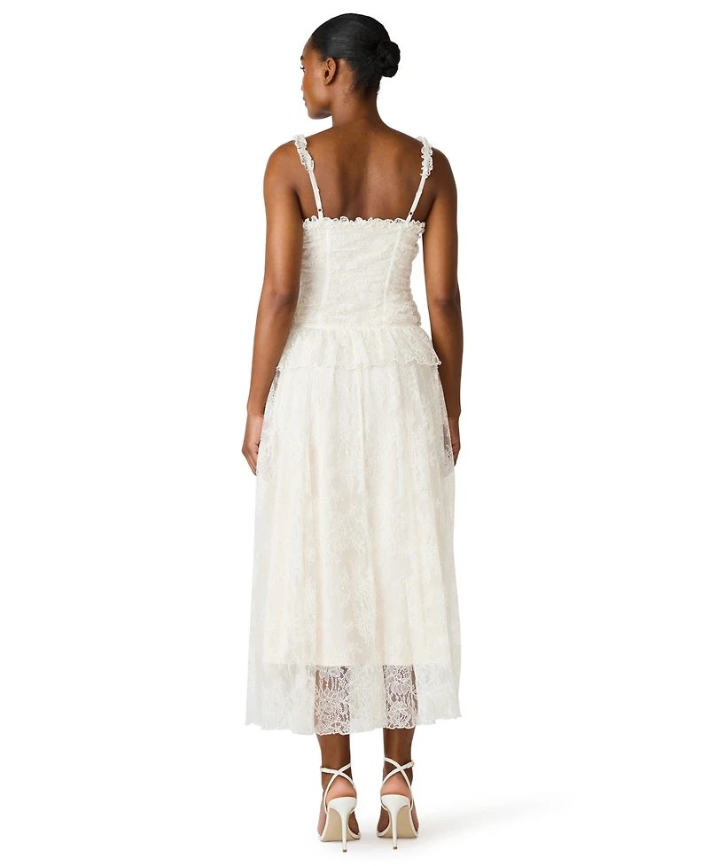 Steve Madden Juniors' Ruched Chantilly Lace Drop Waist Peplum Maxi Dress