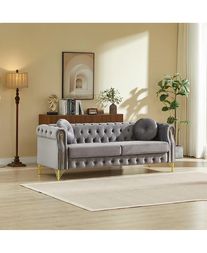 Streamdale Furniture Streamdale Velvet Chesterfield Sofa with Pillows & Studs, Metal Legs