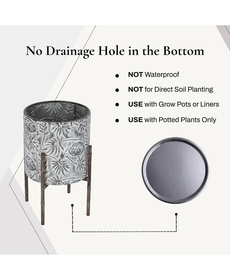 LuxenHome Set of 2 Coastal Distressed White and Gray Metal Cachepot Planters with Metal Stand