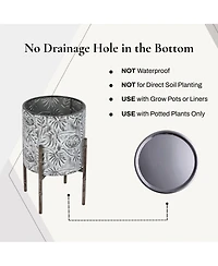 LuxenHome Set of 2 Coastal Distressed White and Gray Metal Cachepot Planters with Metal Stand