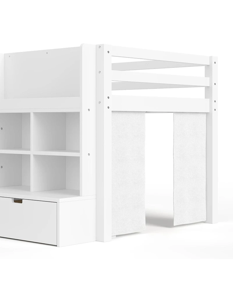 Streamdale Furniture Twin Loft Bed with Multi-Storage Shelves, Curtain & Chalkboard
