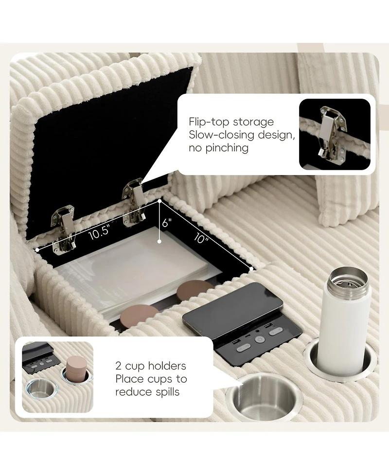 Streamdale Furniture Streamdale 112" Corduroy Sectional Sofa w/ Bluetooth, Console, Usb, Cup Holders, Storage