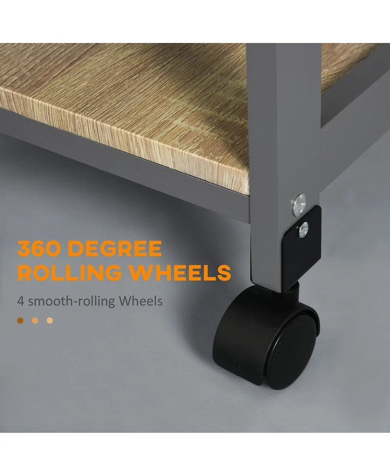 Rainsken Mobile Kitchen Cart, Solid Wood Frame Utility Cart, Rolling Kitchen Island with Wire Fruit Baskets, Trays and Drawer for Dining Room