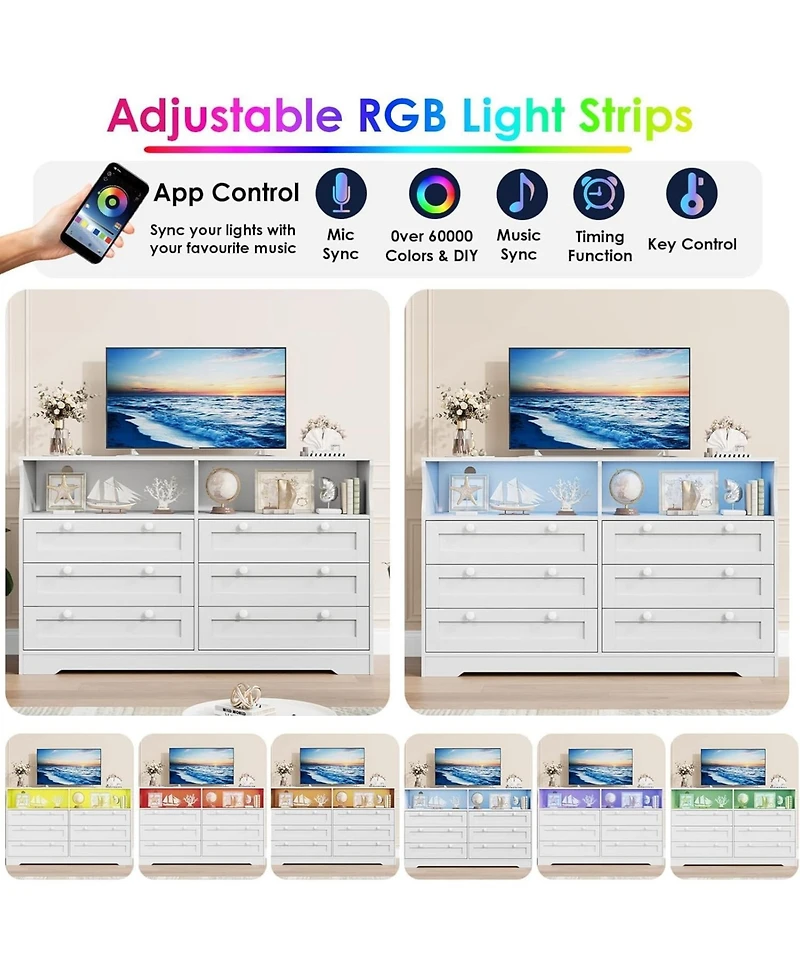 gaomon 6 Drawer Dresser for Bedroom, with Rgb Led Lights & Power Outlet, 55" Wide Chests of Drawers Dresser Tv Stand for 55 Inch Tv, for Living R