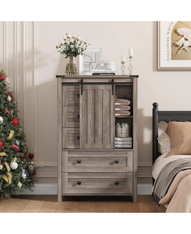 gaomon Farmhouse 5 Drawer Dresser for Bedroom, 48 in Tall Wood Dresser Chest of Drawer with Sliding Barn Door, Adjustable Shelf