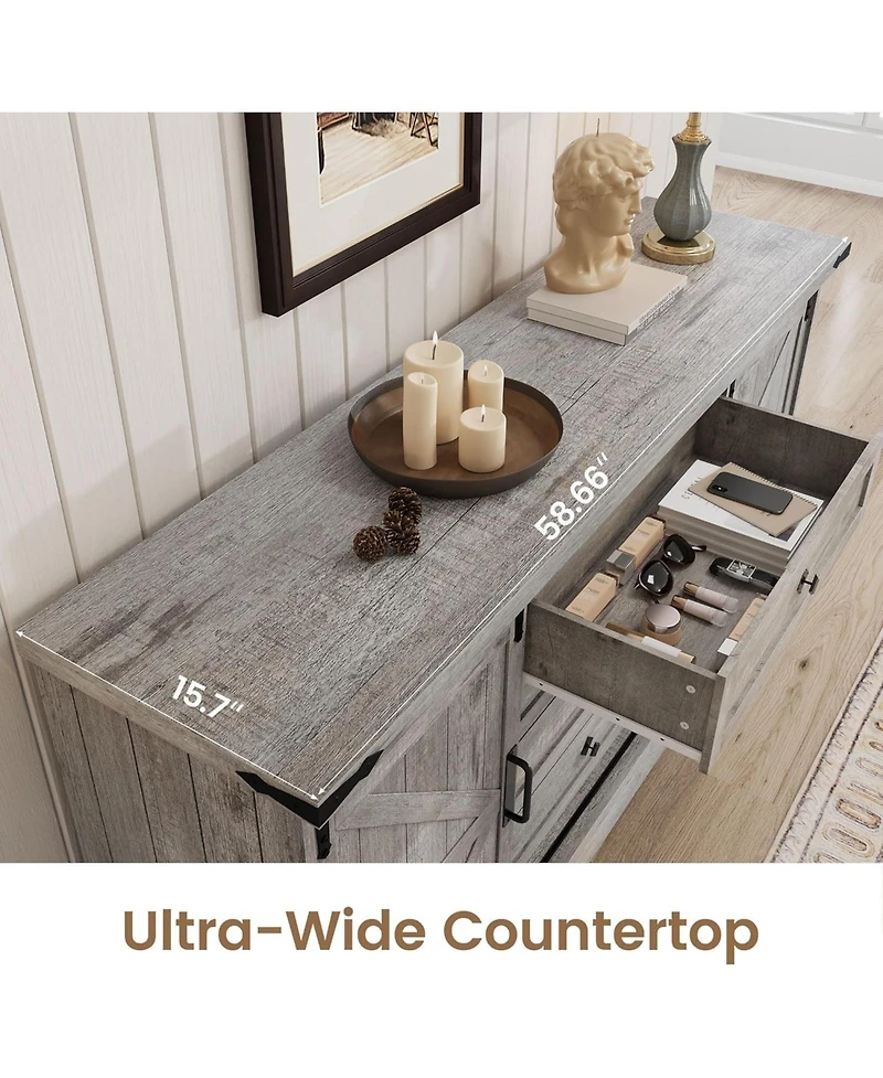 gaomon Farmhouse 4 Drawer Dresser for Bedroom, 59" Wood Dressers with Sliding Barn Doors, Tv Stand with Large Drawers & Bar Handles