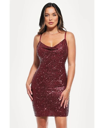 Popilush Women's Sequin Cowl Neck Sculpting Mini Dress
