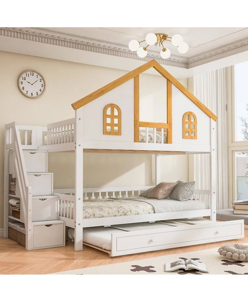 Streamdale Full Size Wooden House Roof Bunk Bed with Storage Staircase