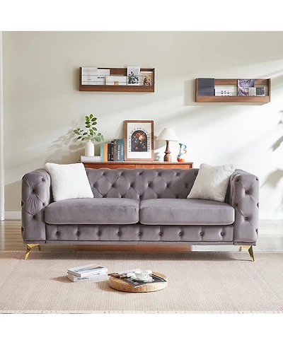Streamdale Furniture 82.5" Deluxe Velvet Sofa with Tufted Buttons, 2 Pillows & Metal Feet