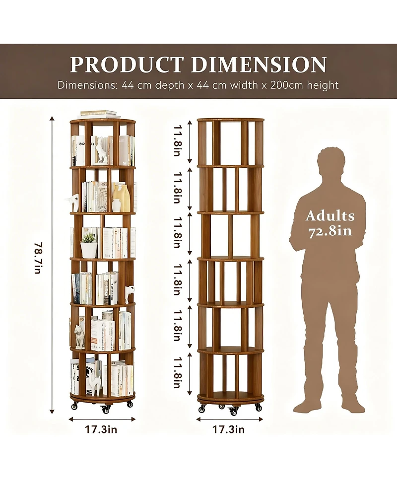 Yigii Rotating 6-Tier Walnut Bookshelf with Wheels for Space-Efficient Storage