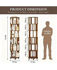 Yigii Rotating 6-Tier Walnut Bookshelf with Wheels for Space-Efficient Storage