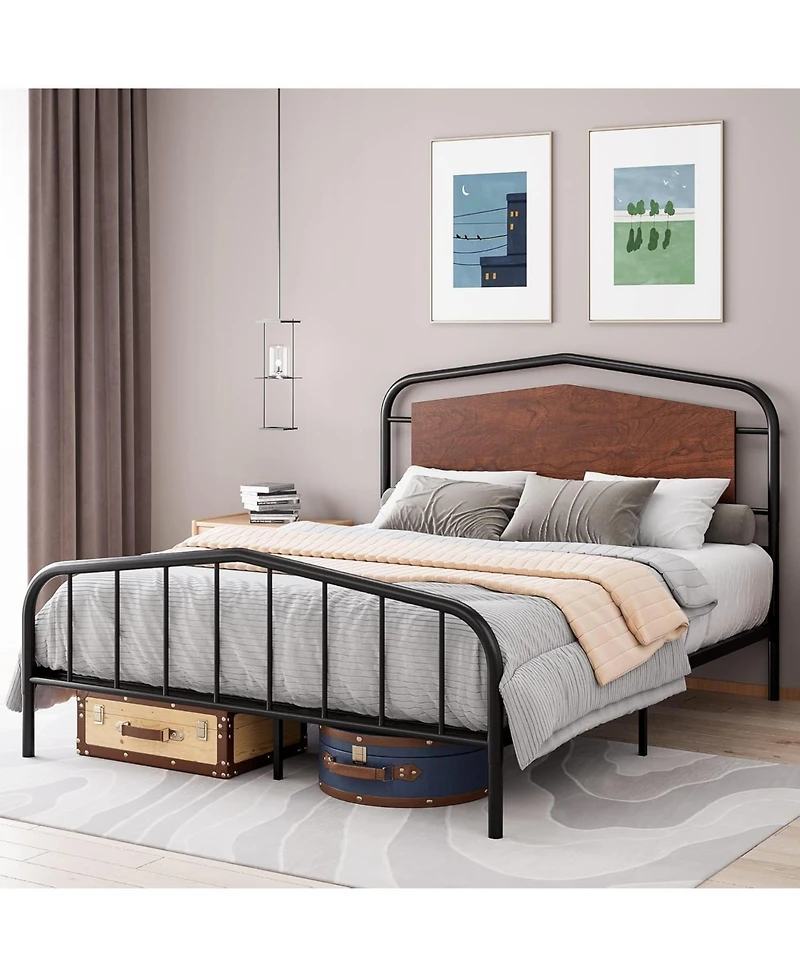 gaomon Metal Bed Frame with Wooden Headboard, Wrought Iron Metal Platform Bed Frame, Under Bed Storage, No Box Spring Required