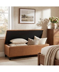 Streamdale Ottoman Bench with Storage, Brown Pu Surface, Rubber Wood Legs, 300 lbs Capacity