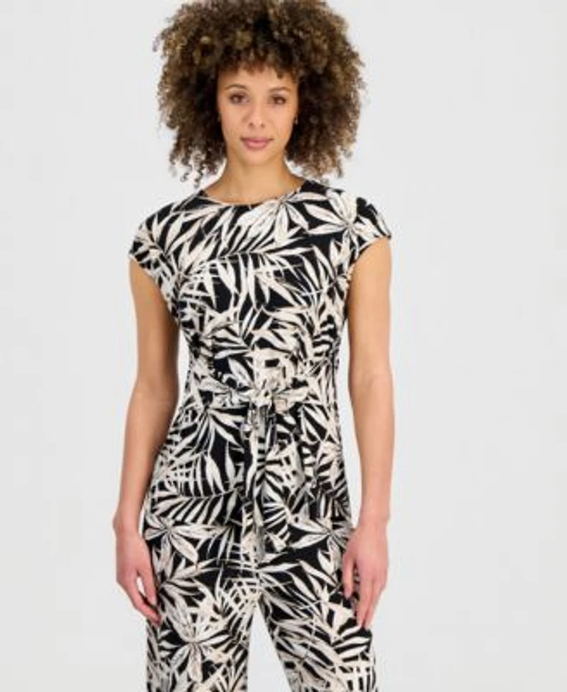 Kasper Womens Printed Cap Sleeve Tie Waist Top Wide Leg Pants