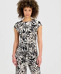 Kasper Womens Printed Cap Sleeve Tie Waist Top Wide Leg Pants