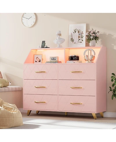 Gaomon Pink Dresser with Charging Station, Led Tv Stand, 6-Drawer Modern Wood Storage for Bedroom, Closet or Living Room
