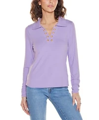 Belldini Womens Grommet Trim Split V Knit Top