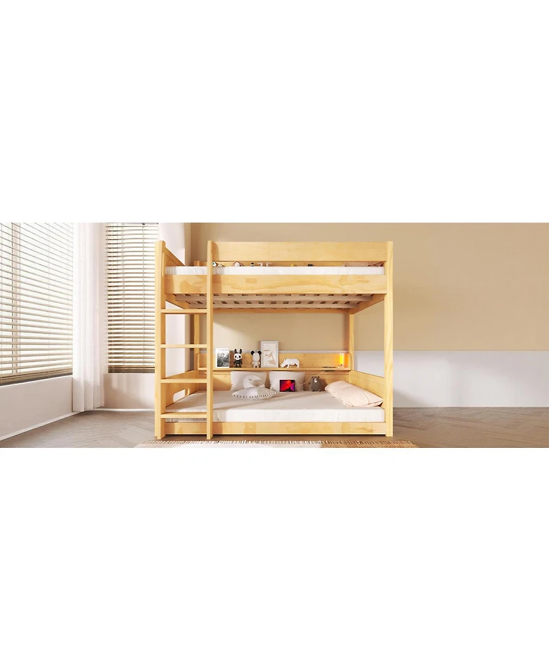 Streamdale Furniture Queen over Queen Bunk Bed with Storage Shelves and Usb Ports