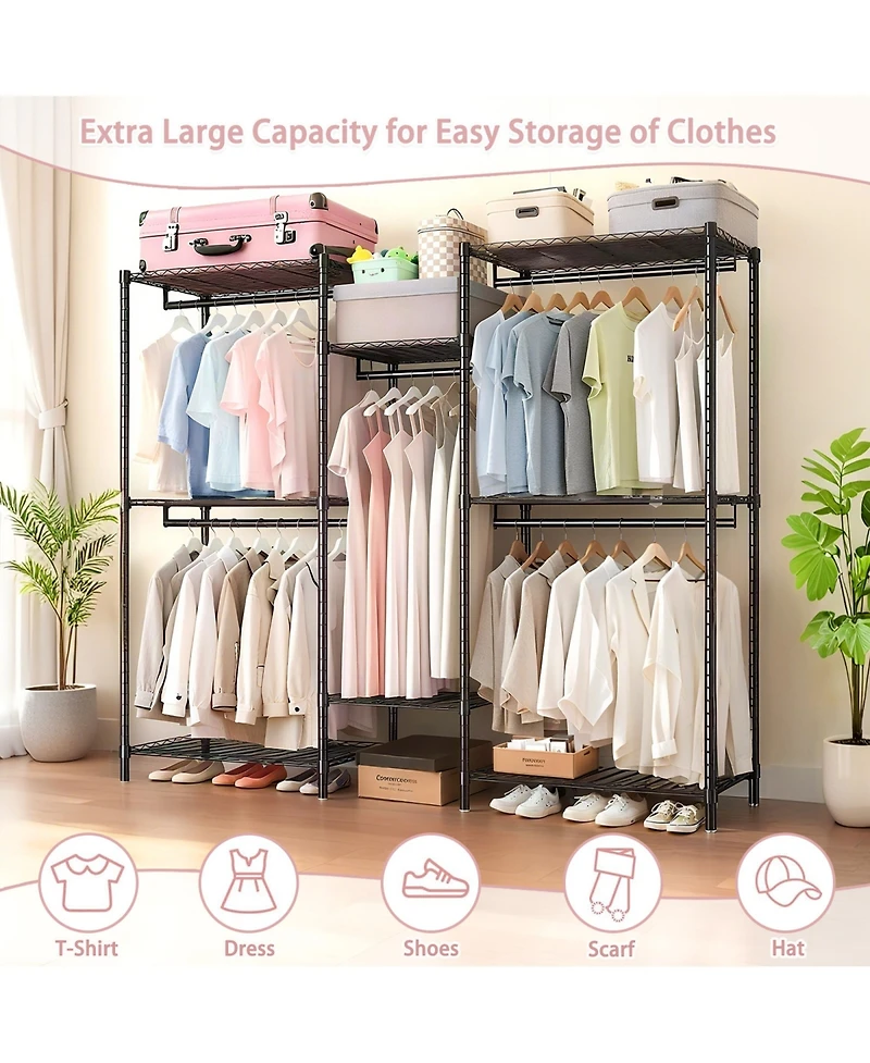 Rainsken Heavy Duty Garment Rack, Freestanding Closet Organizer, Adjustable Wire Shelving Clothes Rack, Wardrobe with 8 Wire Shelves, 5 Clothes Rails