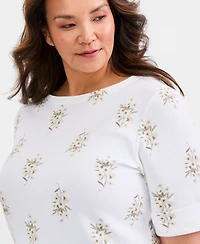Style & Co Plus Printed Boat-Neck Elbow Sleeve Cotton Top