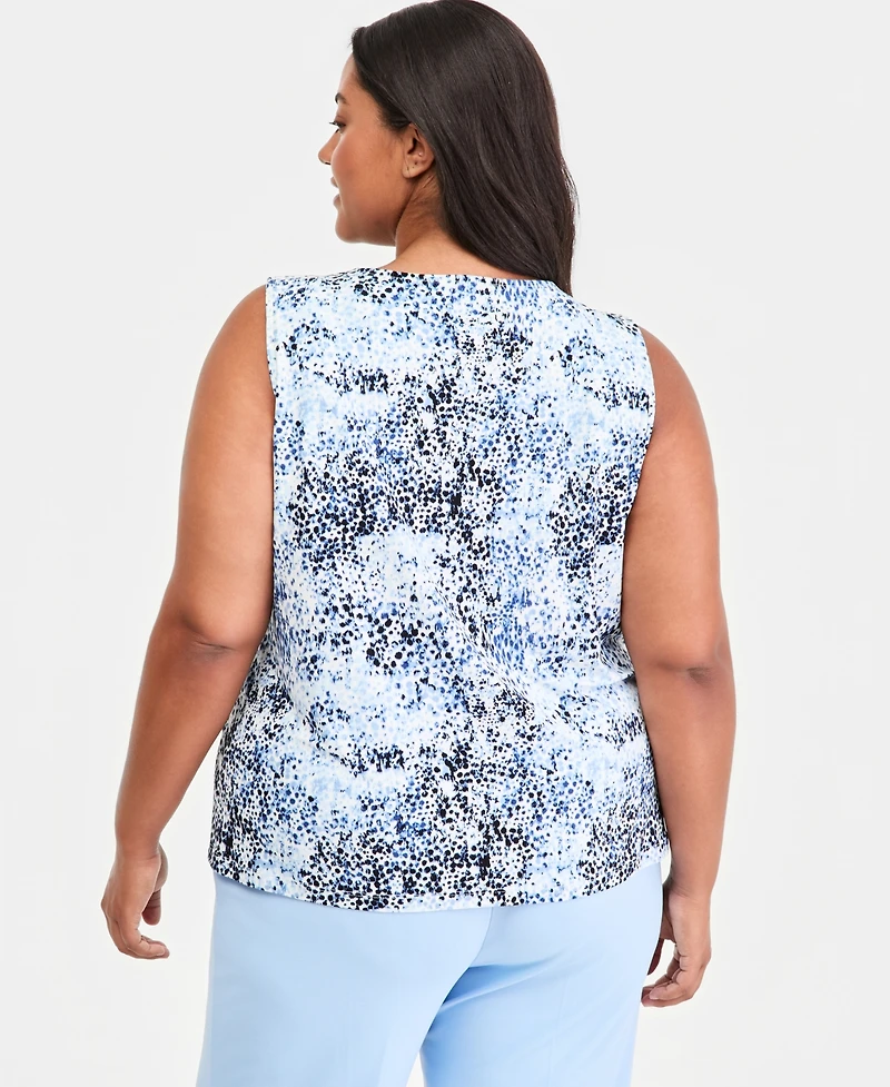 Anne Klein Plus Printed Pleat-Neck Sleeveless Top