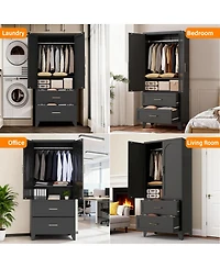 Streamdale 71" Black Metal Wardrobe Cabinet with 2 Drawers, Hanging Rod & Shelf