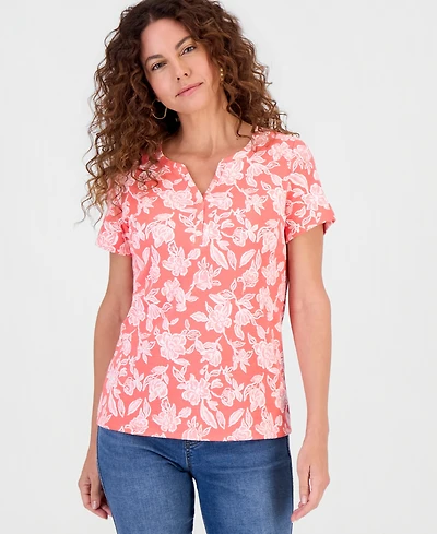 Style & Co Women's Printed Short-Sleeve Henley Top, Macy's Exclusive