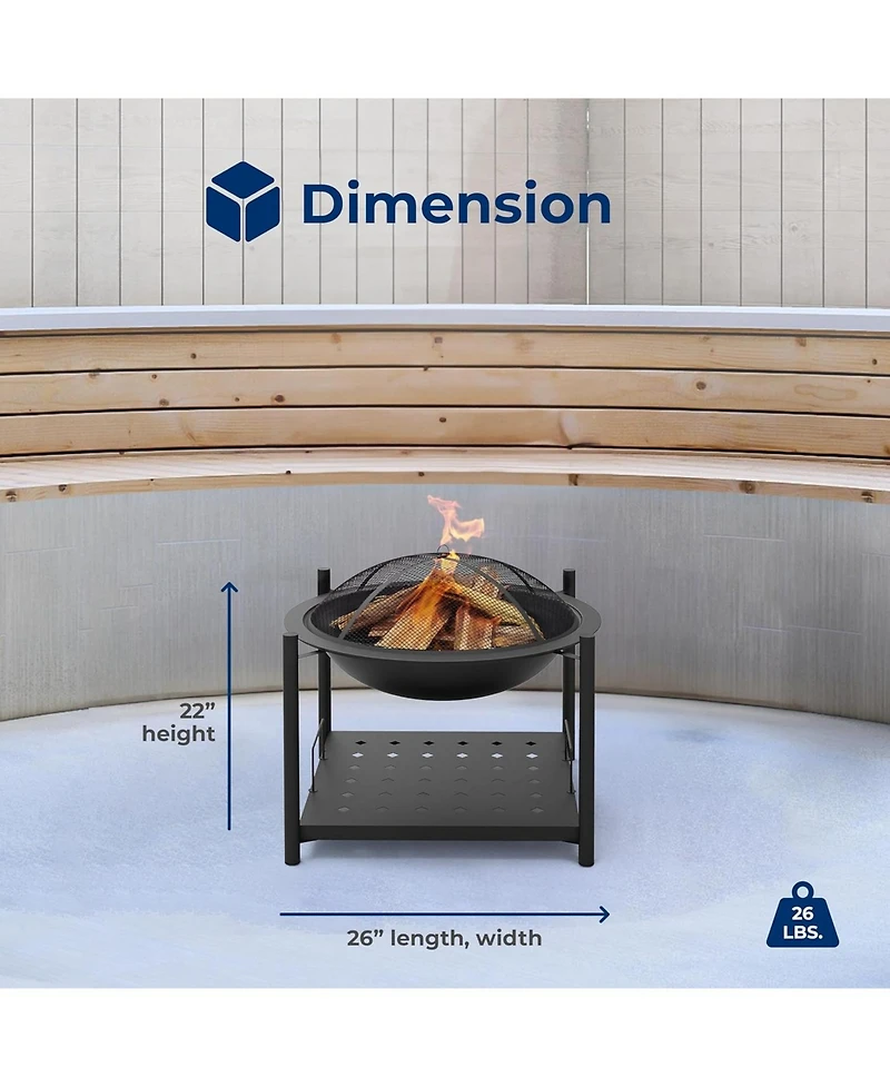 SereneLife Outdoor Wood Fire Pit Steel Bbq Grill with Mesh Spark Screen, Log Grate, Poker & Cover