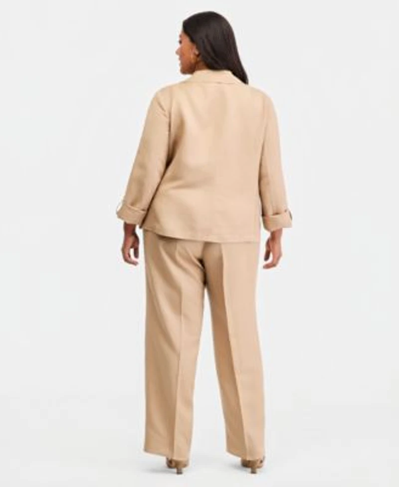 Kasper Plus Size Open Front Seamed Roll Tab Sleeve Jacket High Rise Press Pleat Wide Leg Pants