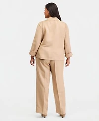 Kasper Plus Size Open Front Seamed Roll Tab Sleeve Jacket High Rise Press Pleat Wide Leg Pants