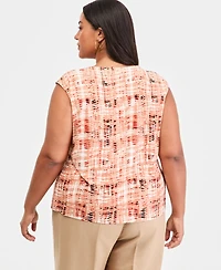 Kasper Plus Cap-Sleeve Keyhole Blouse