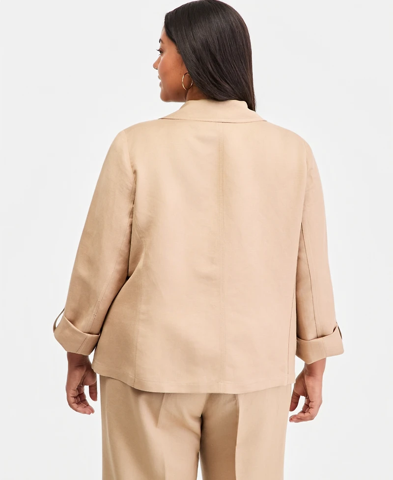 Kasper Plus Open-Front Seamed Roll-Tab-Sleeve Jacket
