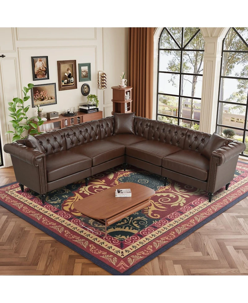 Streamdale Furniture Pu Leather Chesterfield Sectional Sofa with Rolled Arms & Nailhead