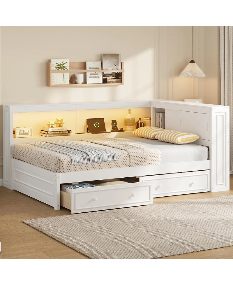 Streamdale Furniture Streamdale Full Size Wood Daybed with Storage Shelves, Usb, Led, and 2 Drawers