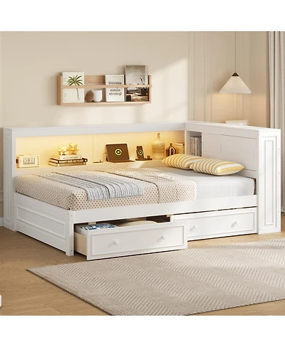 Streamdale Furniture Streamdale Full Size Wood Daybed with Storage Shelves, Usb, Led, and 2 Drawers