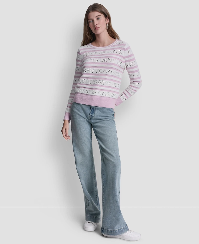 Dkny Jeans Women's Crewneck Logo Pointelle Striped Sweater