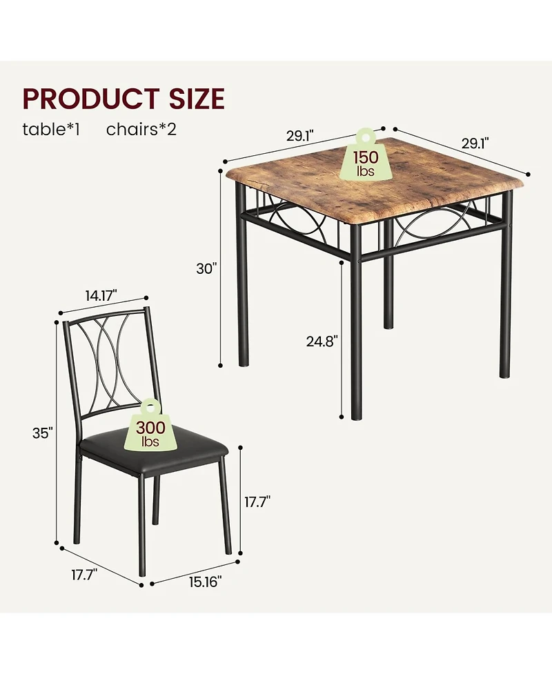 gaomon 3 Piece Kitchen Table Set Dining Table and Chairs for 2 Metal and Wood Square Dining Room Table Set with 2 Upholstered Chairs Kitchen Table Set