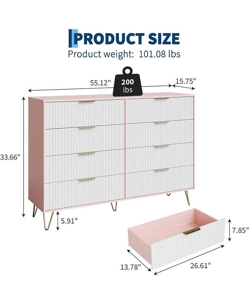 gaomon Fluted Dresser for Bedroom with 8 Drawers,55" Wide Modern Chest of Wooden Bedroom Chest with Metal Handle,Clothes Storage Organizer