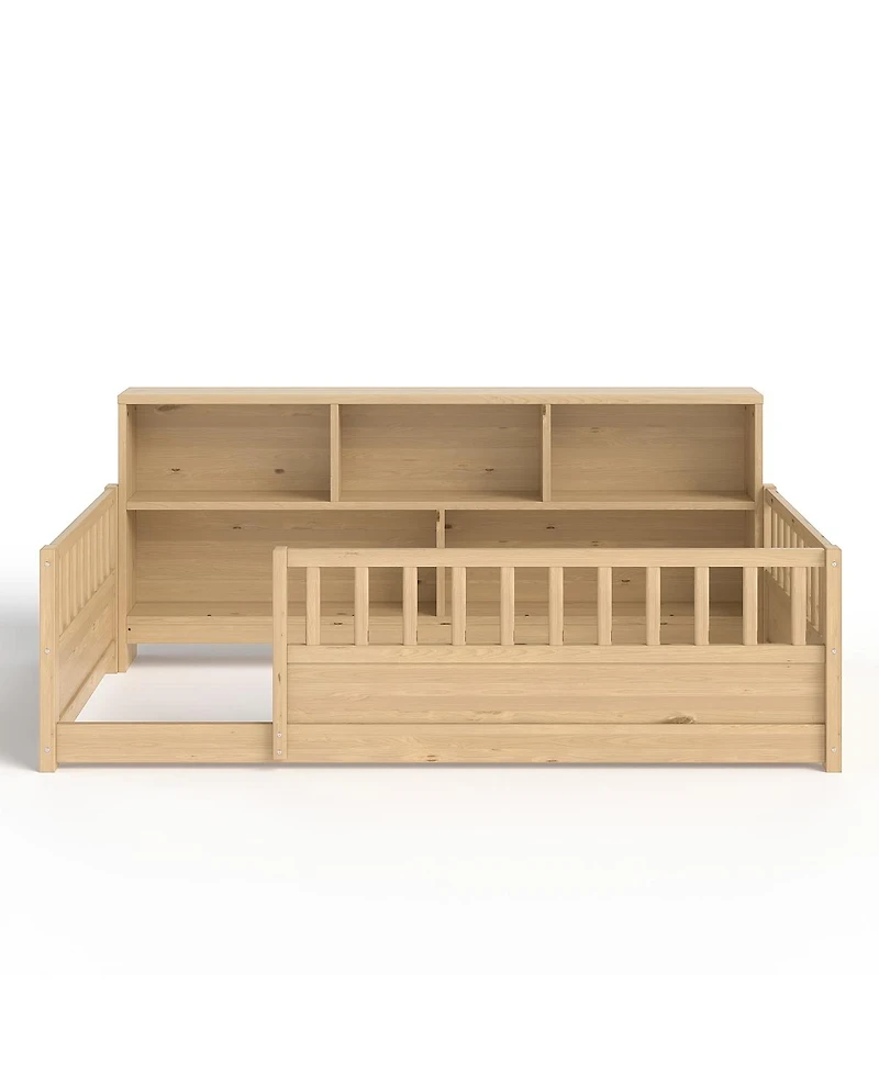 Streamdale Furniture Wood Floor Bed with Fence Guardrail & Side Storage