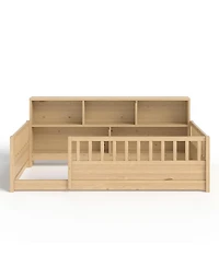 Streamdale Furniture Wood Floor Bed with Fence Guardrail & Side Storage