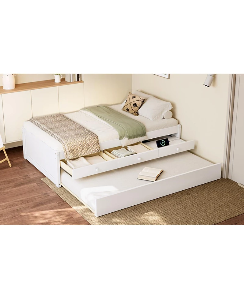 Streamdale Furniture Twin Platform Bed with Trundle and 2 Drawers, Solid Wood