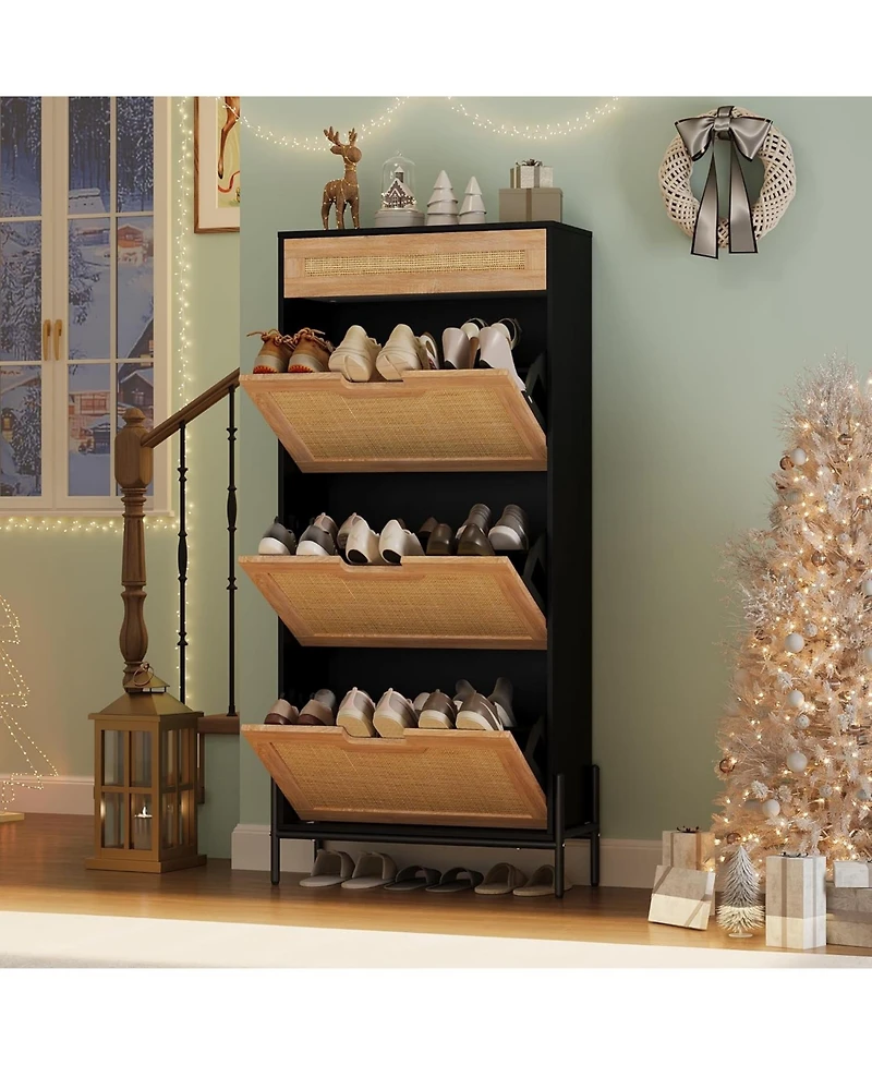 gaomon Rattan Shoe Cabinet – Freestanding Shoe Rack with 3 Flip Doors & 1 Drawer, Adjustable Shelves, Metal Legs, Modern Entryway and Hallway