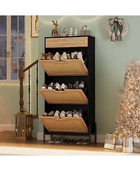 gaomon Rattan Shoe Cabinet – Freestanding Shoe Rack with 3 Flip Doors & 1 Drawer, Adjustable Shelves, Metal Legs, Modern Entryway and Hallway