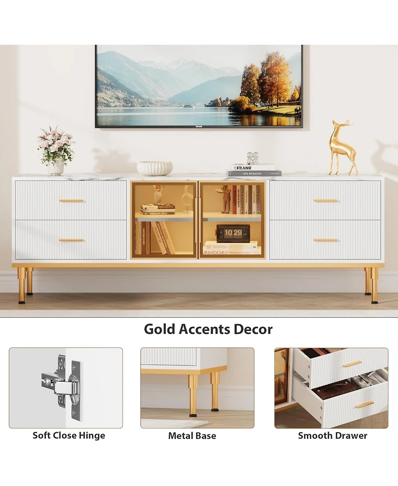 gaomon Tv Stand with Led Lights, Modern Entertainment Center 4 Drawers & Shelves Glass Doors, Console Table for