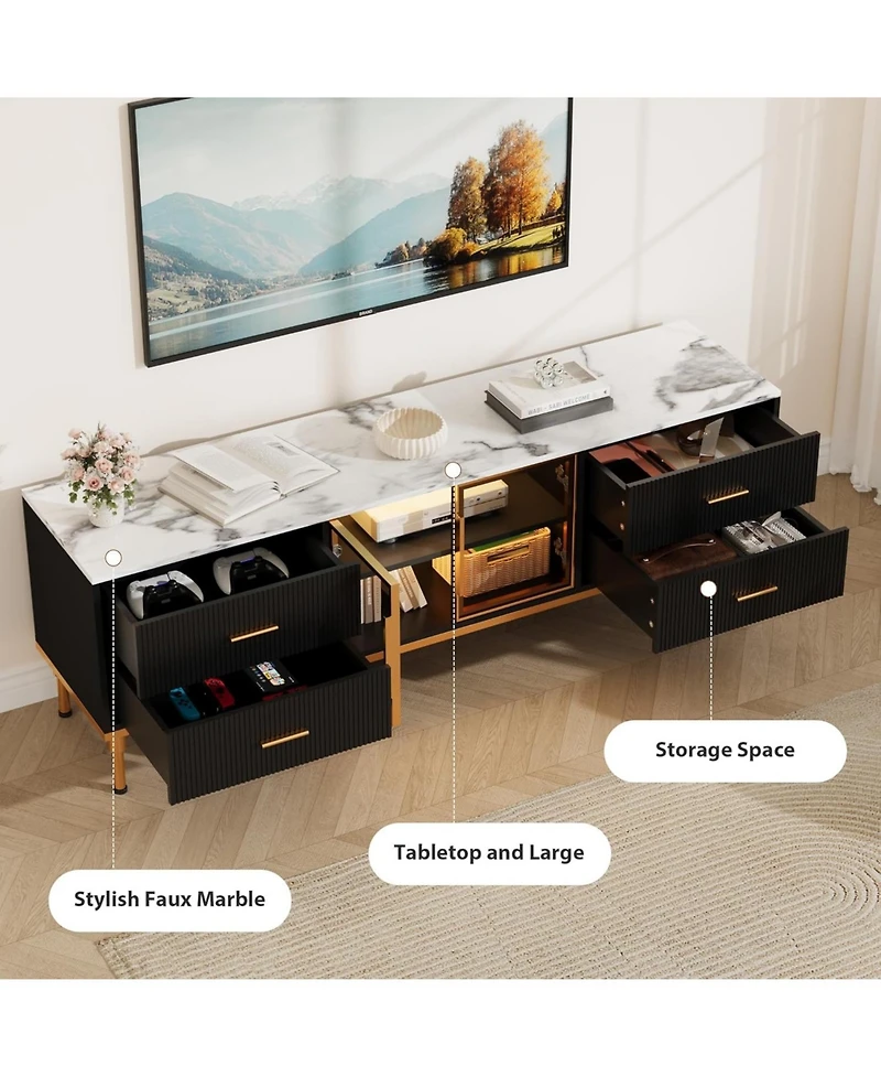gaomon Tv Stand with Led Lights, Modern Entertainment Center 4 Drawers & Shelves Glass Doors, Console Table for