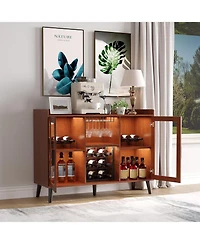 gaomon Modern Wood Wine Bar Cabinet with Led Light, Glass Holder Doors & Wine Racks, Buffet Sideboard with Storage for Kitchen or Home Bar